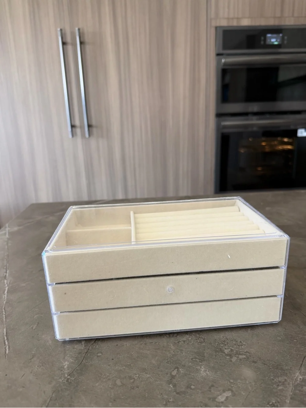 Cream Jewelry Organizer Box with Clear Lid and Crystal Knobs